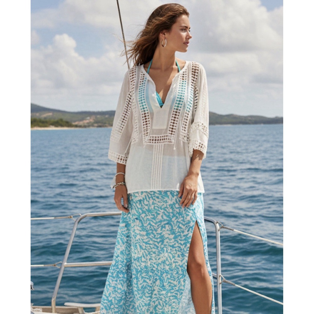 Daniel Rainn Top Womens M/L Boho Crochet‎ Lace Gauzy Blouse Coverup Sheer Gypsy